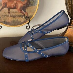 Yosi Samra Mesh Leather Ballet Flats Blue Chloe Square Toe Women’s Shoes sz 9